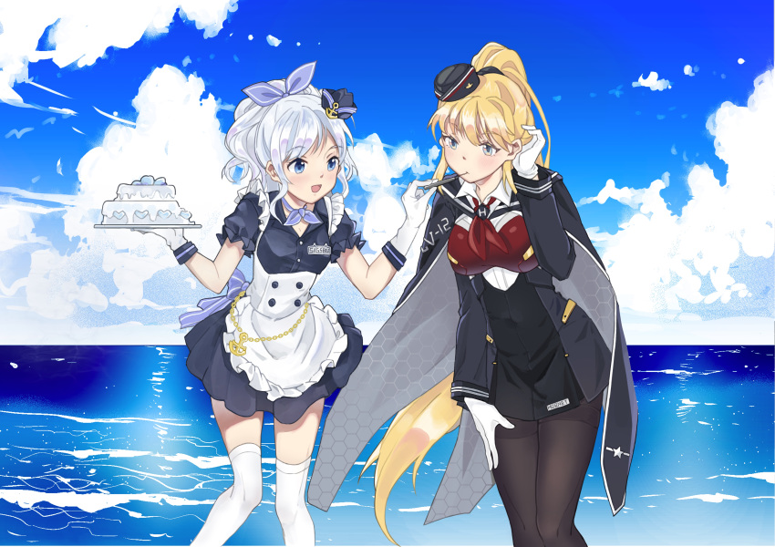 2girls absurdres apron black_cape black_legwear blonde_hair blue_dress blue_eyes blue_sky breasts cake cape clouds day dress feeding food frilled_apron frills gloves hat highres holding holding_spoon holding_tray lanyue large_breasts long_hair long_sleeves mini_hat multiple_girls outdoors pantyhose short_dress sigsbee_(warship_girls_r) sky spoon thigh-highs thighband_pantyhose tray very_long_hair waist_apron warship_girls_r white_apron white_gloves white_hair white_legwear