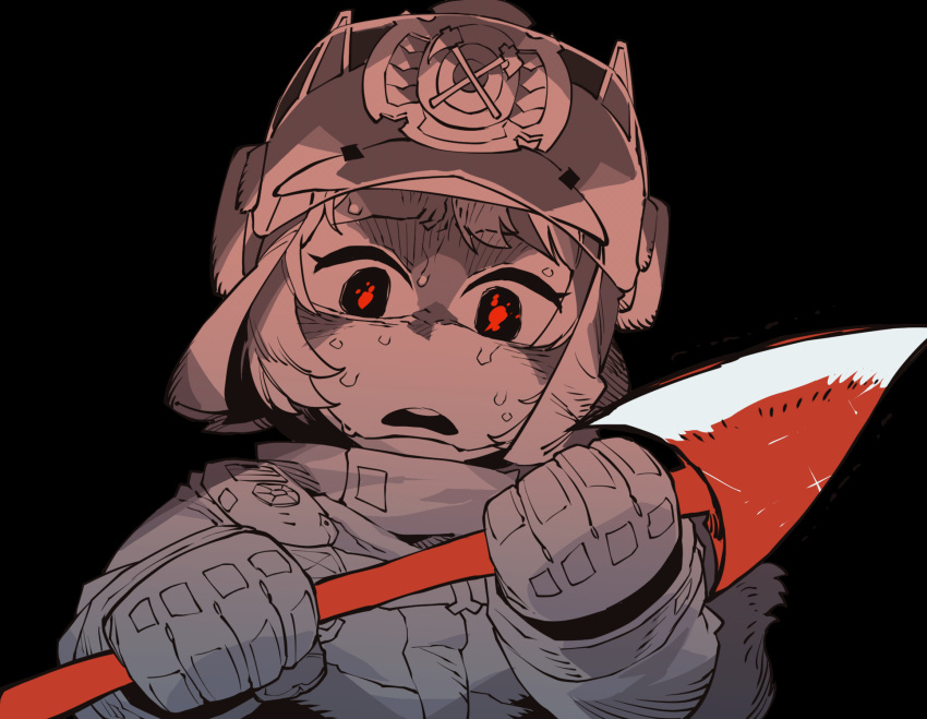1girl arknights axe black_background d: fire_axe fire_helmet fire_jacket gloves head_tilt highres holding holding_axe long_sleeves monochrome open_mouth red_eyes red_theme round_teeth shaw_(arknights) short_hair simple_background solo ssambatea sweat sweating_profusely teeth upper_body upper_teeth