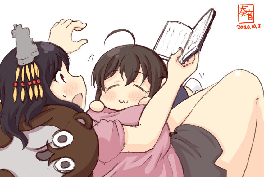 2girls :3 ahoge alternate_costume artist_logo black_hair black_shorts bokukawauso book breasts brown_hair child closed_eyes commentary_request dated hair_ornament holding holding_book kanon_(kurogane_knights) kantai_collection large_breasts lying lying_on_person multiple_girls on_person open_mouth otter pink_shirt red_eyes shigure_(kantai_collection) shirt short_hair short_shorts short_sleeves shorts simple_background smile stuffed_animal stuffed_otter stuffed_toy sweatdrop white_background yamashiro_(kantai_collection) younger