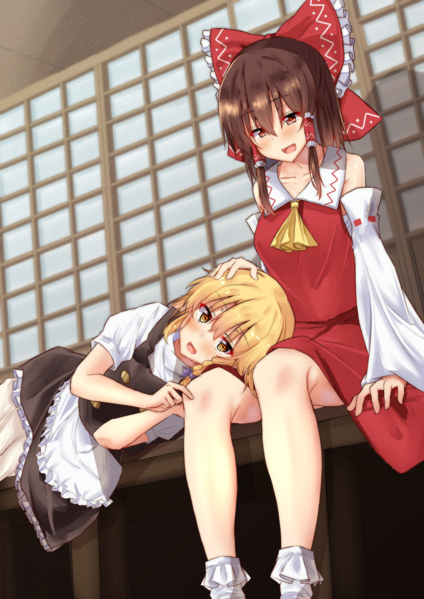 2girls apron ascot blonde_hair bow braid brown_eyes brown_hair collarbone collared_shirt commentary_request detached_sleeves dutch_angle eyebrows_visible_through_hair frilled_bow frills hair_bow hair_tubes hakurei_reimu hand_on_another's_head highres kirisame_marisa lap_pillow lying mukkushi multiple_girls no_hat no_headwear on_side open_mouth petting red_bow red_shirt red_skirt shirt short_sleeves shouji single_braid skirt skirt_set sliding_doors touhou veranda vest yellow_eyes yellow_neckwear