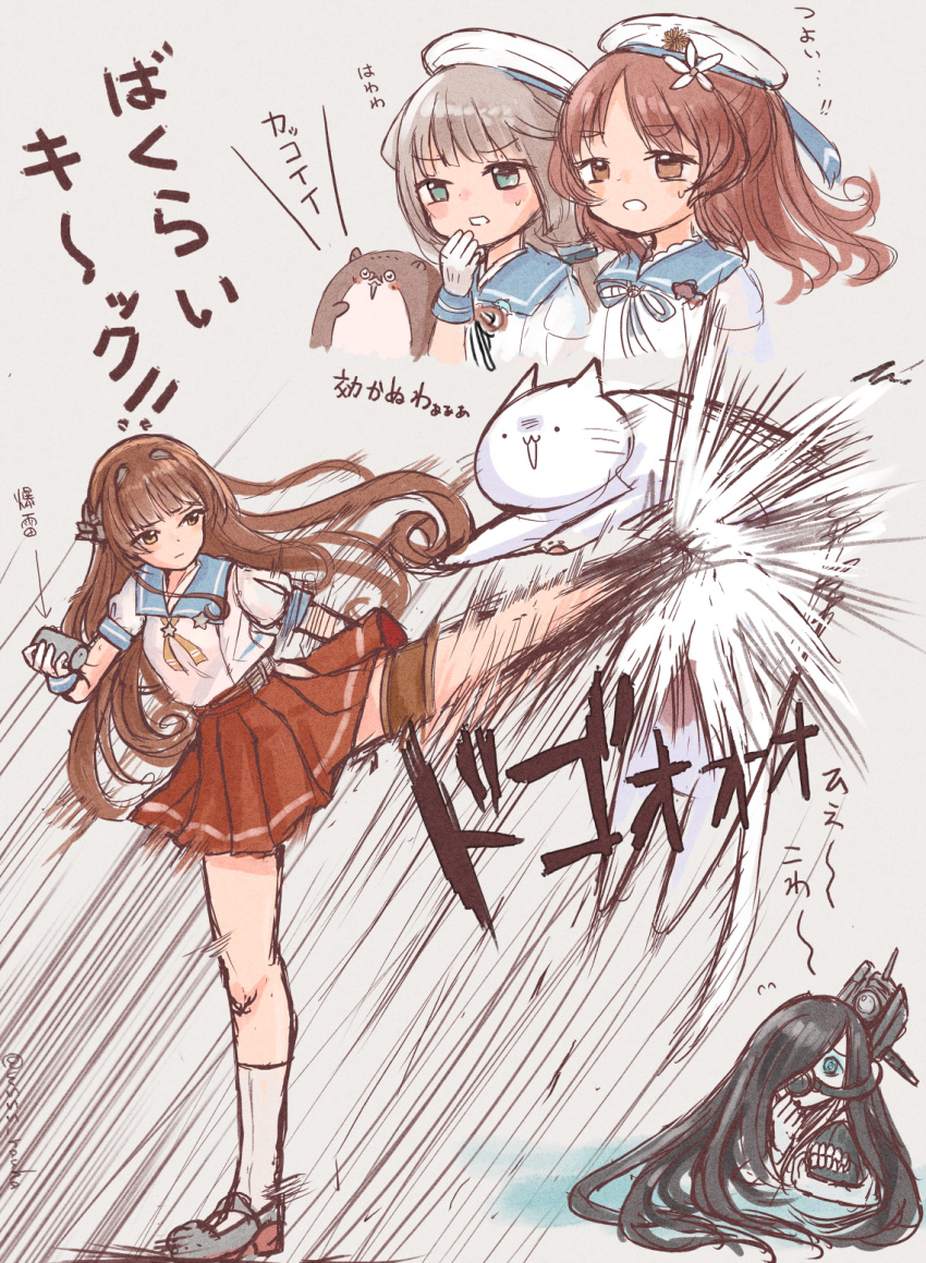 4girls bangs blue_sailor_collar blunt_bangs bokukawauso brown_eyes brown_hair cat commentary_request cosplay creator_connection depth_charge gloves green_eyes grey_background grey_hair hat helena_(kantai_collection) highres hip_vent inset ka-class_submarine kantai_collection kicking long_hair low_twintails mikura_(kantai_collection) mikura_(kantai_collection)_(cosplay) multiple_girls neck_ribbon otter pleated_skirt puffy_short_sleeves puffy_sleeves red_skirt ribbon sailor_collar sailor_hat sailor_shirt shirt short_sleeves simple_background skirt socks solo_focus translation_request twintails undershirt upper_body wavy_hair white_gloves white_legwear white_shirt wss_(nicoseiga19993411) yashiro_(kantai_collection) yellow_ribbon