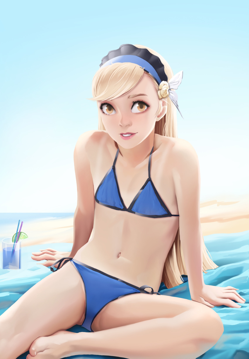 1girl absurdres barefoot beach bikini blonde_hair blue_bikini flat_chest glass hair_ornament hairband highres lavenza_(persona_5) lipstick long_hair looking_at_viewer makeup navel persona persona_5 sitting solo summer swimsuit thatpersonaguy yellow_eyes