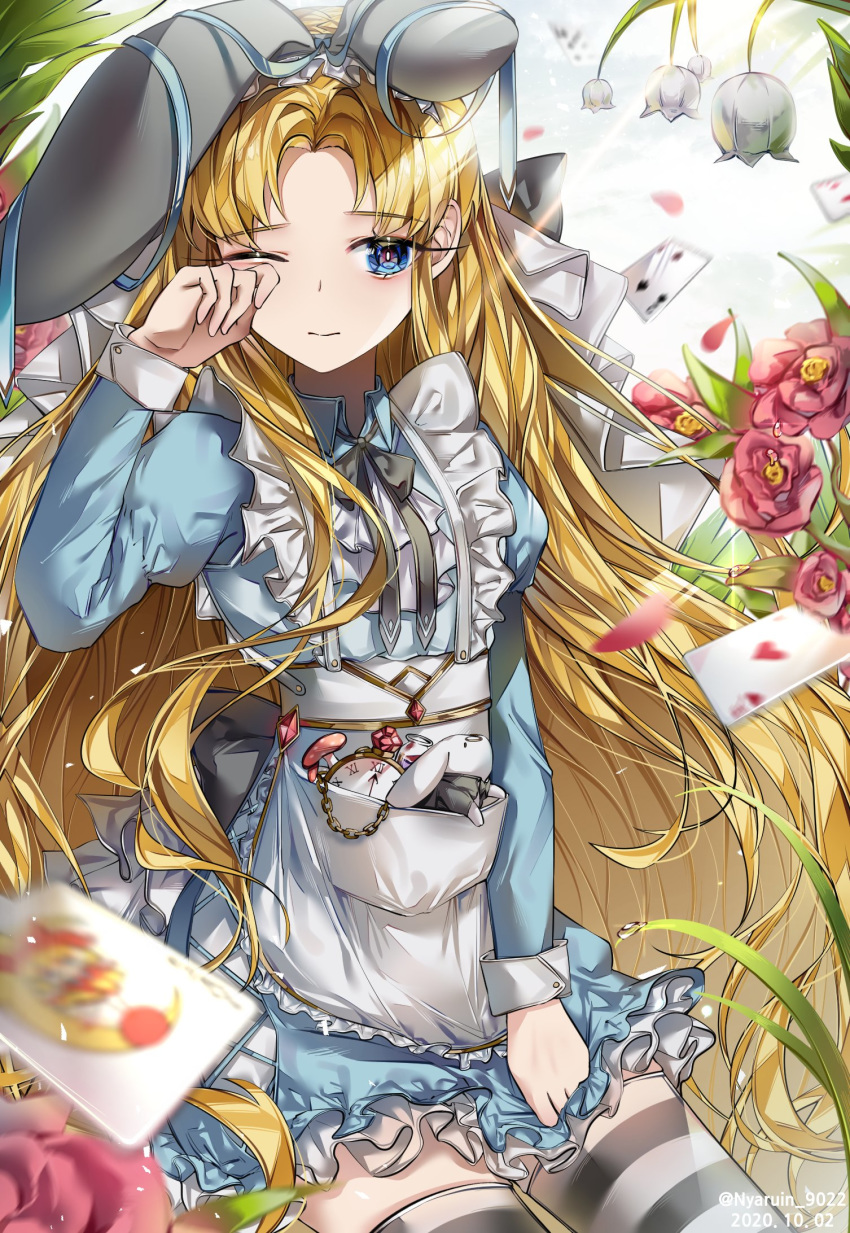 1girl alice_(wonderland) alice_in_wonderland animal_ears blonde_hair blue_eyes card commentary fake_animal_ears flower highres long_hair looking_to_the_side nyaruin one_eye_closed playing_card rabbit_ears skindentation solo thigh-highs tulip very_long_hair white_flower