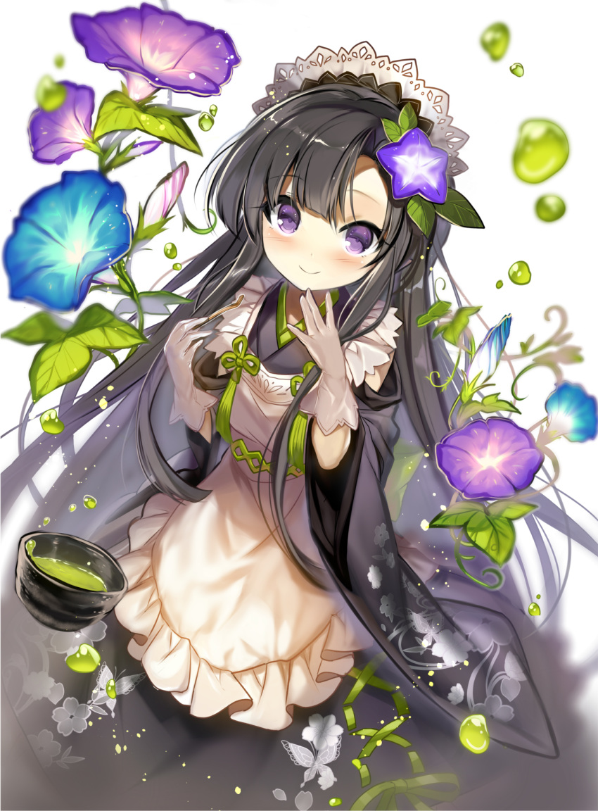 1girl apron bangs black_hair black_kimono blue_flower blush character_request closed_mouth commentary_request commission cup eyebrows_visible_through_hair flower frilled_apron frills fuupu gloves green_tea grey_gloves hair_flower hair_ornament hands_up highres japanese_clothes kimono long_hair long_sleeves morning_glory purple_flower sengoku_bushouki_muramasa simple_background skeb_commission smile solo tea very_long_hair violet_eyes wa_maid white_apron white_background wide_sleeves