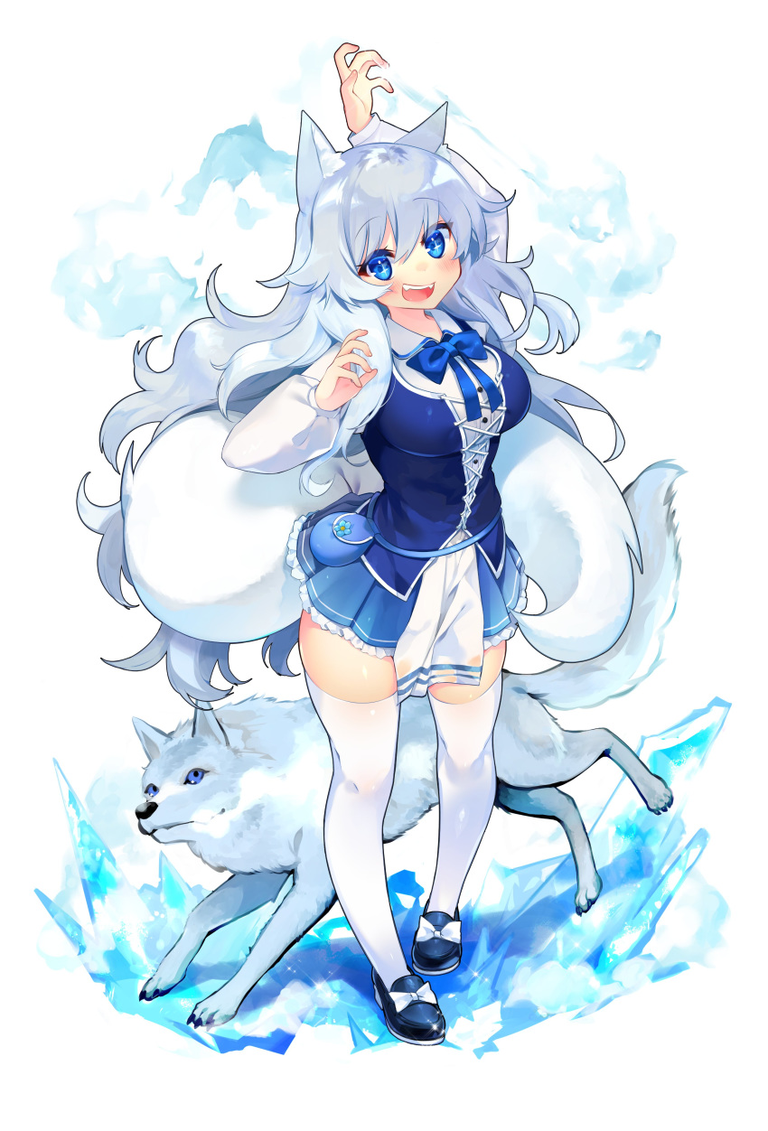 1girl :d absurdres animal animal_ear_fluff animal_ears blue_eyes blue_footwear blush bow bowtie breasts collared_shirt english_commentary eyebrows_visible_through_hair fangs full_body hair_between_eyes highres ice indie_virtual_youtuber kurimochi_chizuru large_breasts long_hair long_sleeves looking_at_viewer lumi_(merryweather) open_mouth second-party_source shirt silver_hair simple_background smile tail thigh-highs very_long_hair virtual_youtuber white_background white_legwear white_shirt wolf wolf_ears wolf_girl wolf_tail
