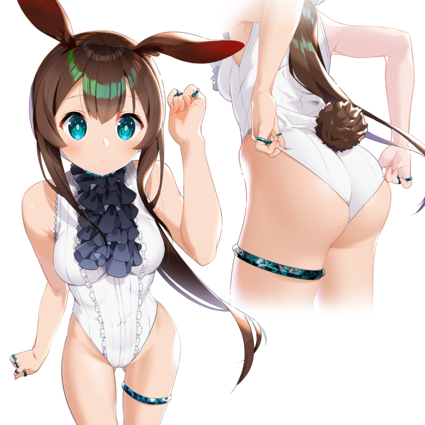 1girl adapted_costume amiya_(arknights) animal_ears arknights ass_visible_through_thighs bare_arms bare_legs bare_shoulders black_neckwear blush breasts brown_hair center_frills closed_mouth commentary_request covered_navel eyebrows_visible_through_hair frills green_eyes hair_between_eyes highleg highleg_leotard highres leotard leotard_tug long_hair looking_at_viewer medium_breasts multiple_rings pantyhose ponytail rabbit_ears rabbit_girl shikaemon simple_background small_breasts solo standing thigh_strap very_long_hair white_background white_leotard