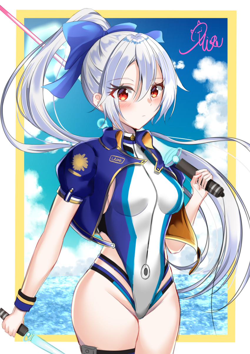 1girl absurdres blue_bow blue_jacket blue_sky blue_swimsuit blush border bow breasts clouds commentary_request competition_swimsuit cropped_jacket energy_sword fate/grand_order fate_(series) hair_between_eyes hair_bow highleg highleg_swimsuit highres holding holding_sword holding_weapon jacket long_hair milltyan one-piece_swimsuit open_clothes open_jacket ponytail red_eyes signature silver_hair sky small_breasts solo striped striped_swimsuit swimsuit sword tomoe_gozen_(fate/grand_order) tomoe_gozen_(swimsuit_saber)_(fate) very_long_hair water weapon white_border white_swimsuit wristband