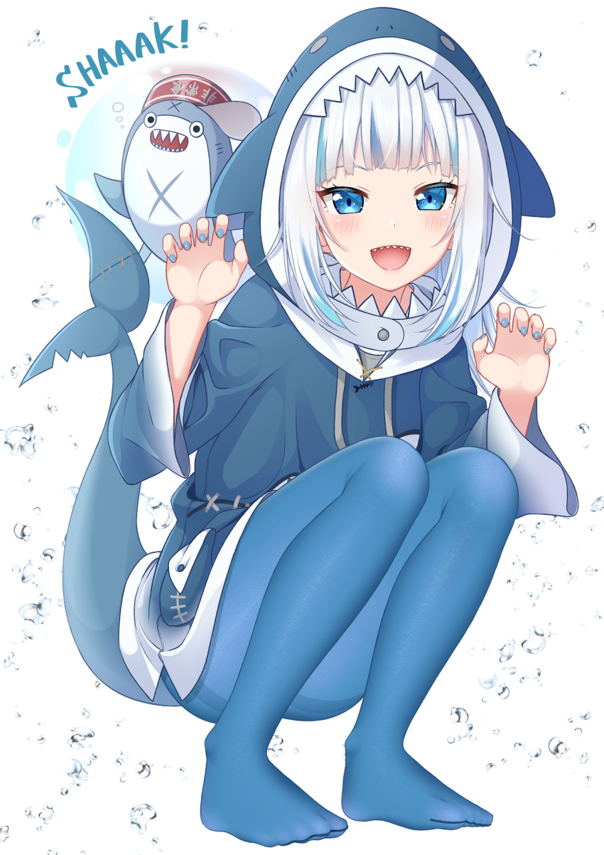 1girl :d air_bubble animal_hood bloop_(gawr_gura) blue_eyes blue_hair blue_hoodie blue_legwear blue_nails blush bubble claw_pose drawstring english_text fine_fabric_emphasis full_body gawr_gura gurande_(g-size) hands_up highres hololive hololive_english hood hood_up hoodie long_sleeves looking_at_viewer multicolored_hair nail_polish no_shoes open_mouth pantyhose shark_hood shark_tail sharp_teeth silver_hair smile squatting streaked_hair tail teeth typo virtual_youtuber white_background wide_sleeves