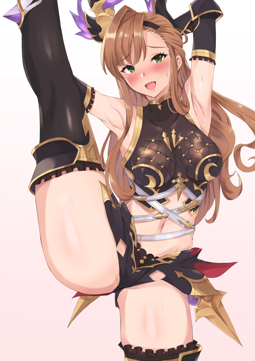 1girl absurdres armpits arms_behind_head arms_up bangs black_legwear blush breasts brown_hair crop_top granblue_fantasy green_eyes head_wings highres large_breasts leg_lift leg_up long_hair looking_at_viewer midriff navel open_mouth pm_tii_(matuko1024) simple_background smile song_(granblue_fantasy) split standing standing_on_one_leg standing_split thigh-highs white_background