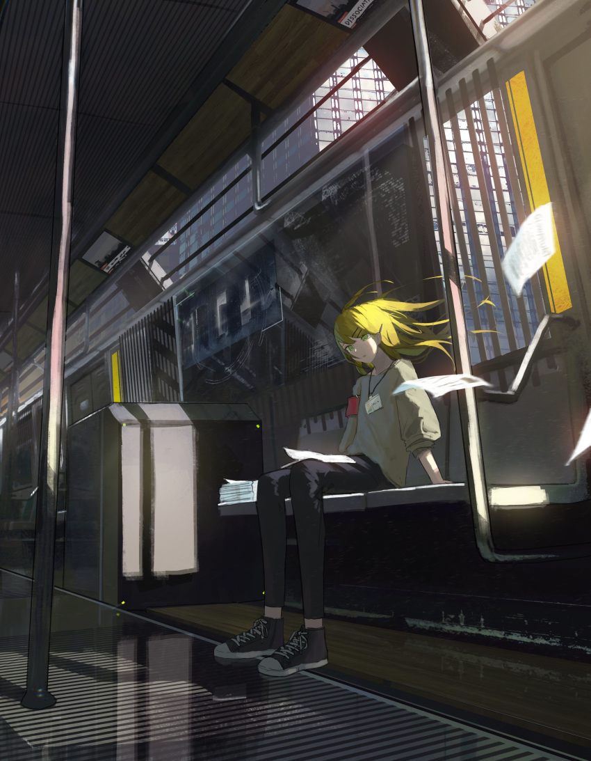 1girl absurdres armband asteroid_ill baggy_clothes blonde_hair cityscape flying_paper green_eyes hair_ornament hairclip hand_grip highres id_card iris_(asteroid_ill) long_hair looking_down news open_mouth original pants paper screen shoelaces shoes sitting solo train_interior