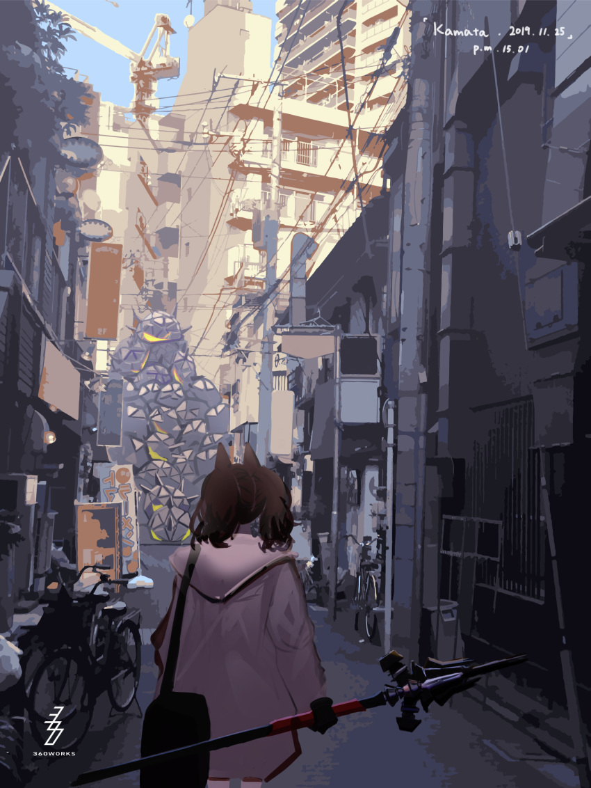 1girl 360_(taiyo360) angelina_(arknights) animal_ears arknights artist_name bag bicycle brown_hair building city cityscape cowboy_shot dated day fox_ears from_behind ground_vehicle highres holding holding_staff holding_weapon jacket long_sleeves medium_hair originium_slug_(arknights) solo staff twintails weapon white_jacket