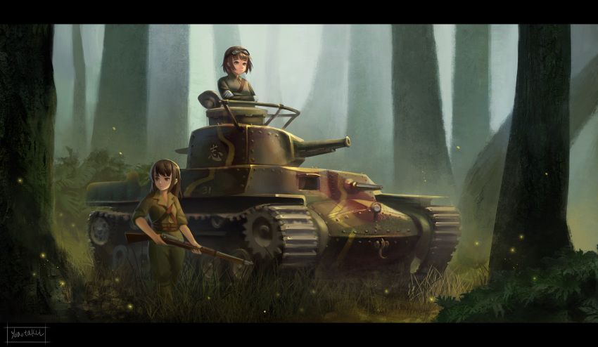 2girls absurdres artist_name black_hair breasts brown_eyes bush caterpillar_tracks commentary_request day forest ground_vehicle gun highres imperial_japanese_army long_hair military military_uniform military_vehicle motor_vehicle multiple_girls nature original rifle short_hair tank tree type_97_chi-ha uniform weapon youotaku