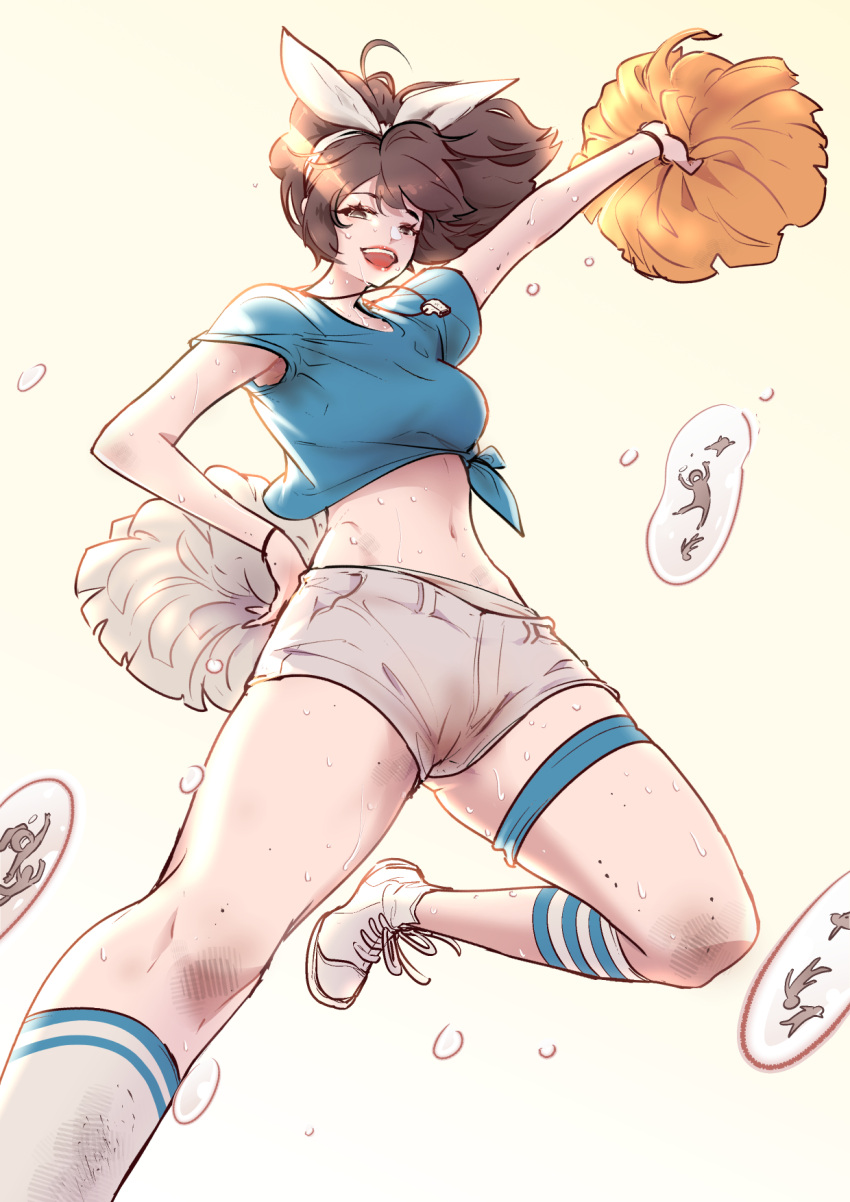 1girl ahoge arm_up backlighting blue_shirt bow brown_eyes brown_hair dirty dirty_clothes flying_sweatdrops giant giantess hair_bow hand_on_hip highres jumping leg_garter leg_up lips messy_hair midriff minimized multiple_persona navel open_mouth original ourhandsh pom_pom_(cheerleading) shirt shoes short_shorts shorts simple_background sneakers socks sweat unaware water_drop whistle