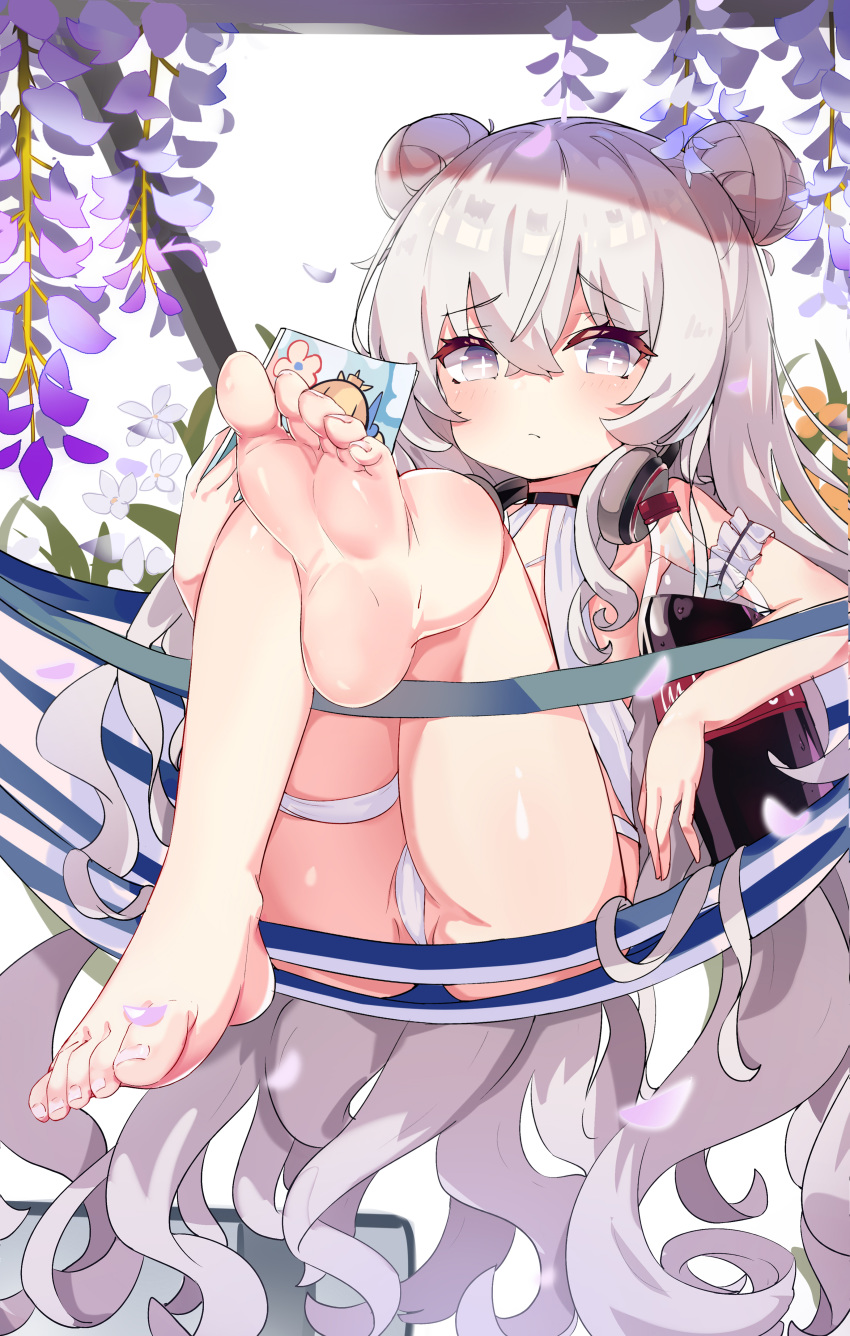 +_+ 14c 1girl absurdres arm_garter ass azur_lane bangs bare_arms bare_legs bare_shoulders barefoot bikini blue_eyes blush book closed_mouth commentary_request double_bun eyebrows_visible_through_hair feet flower hair_between_eyes hammock headphones highres knees_up le_malin_(azur_lane) le_malin_(wednesday's_retreat)_(azur_lane) long_hair looking_at_viewer open_book petals purple_flower revision shiny shiny_hair shiny_skin sidelocks silver_hair soles solo swimsuit symbol-shaped_pupils toes very_long_hair white_bikini