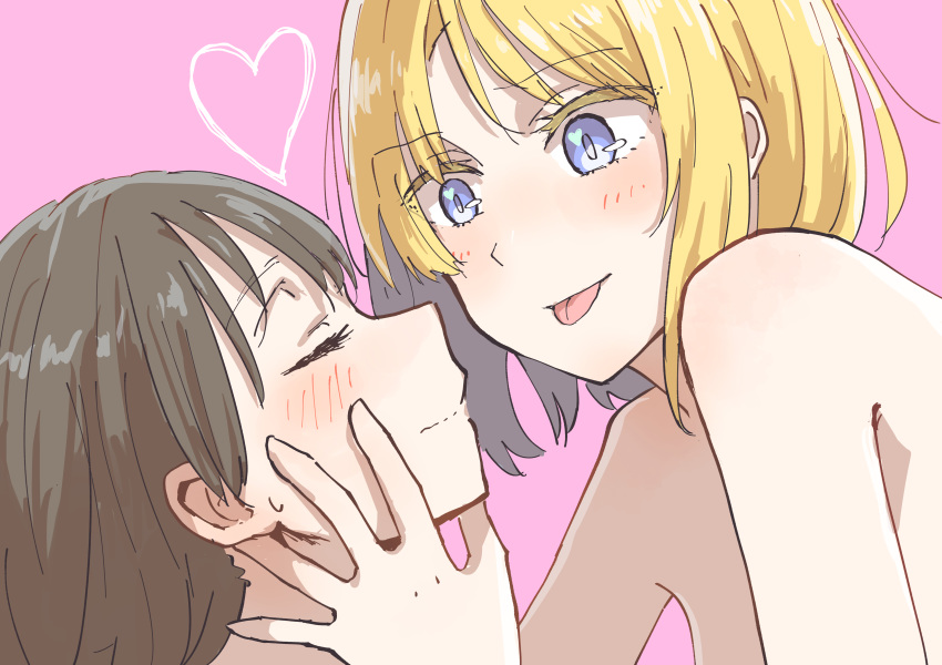 2girls absurdres betock blonde_hair blue_eyes blush brown_hair closed_eyes hand_on_another's_face heart highres imminent_kiss multiple_girls original pink_background profile short_hair smile sweatdrop tongue tongue_out upper_body yuri