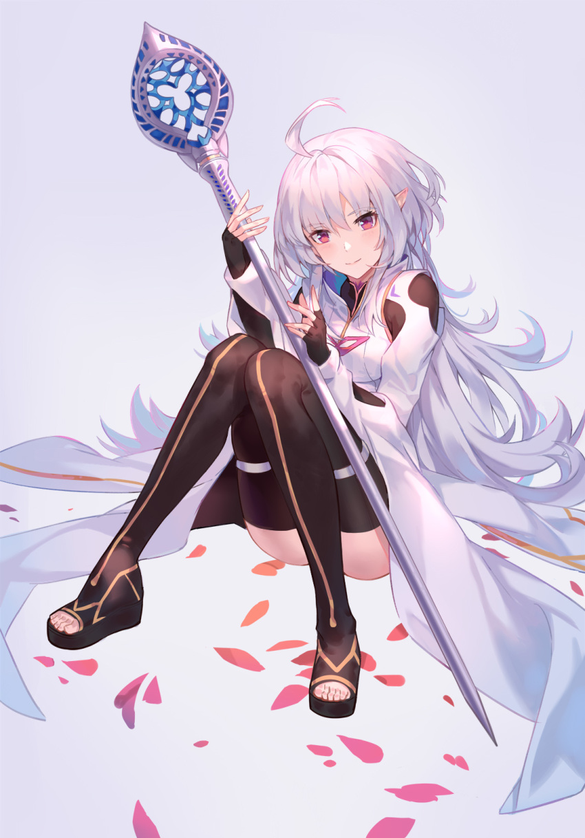 1girl ahoge black_gloves closed_mouth fate/grand_order fate/prototype fate_(series) fingerless_gloves full_body gloves gradient gradient_background highres holding holding_staff jolker lavender_background long_hair long_sleeves looking_at_viewer merlin_(fate/prototype) petals pointy_ears red_eyes sitting smile solo staff white_hair wide_sleeves