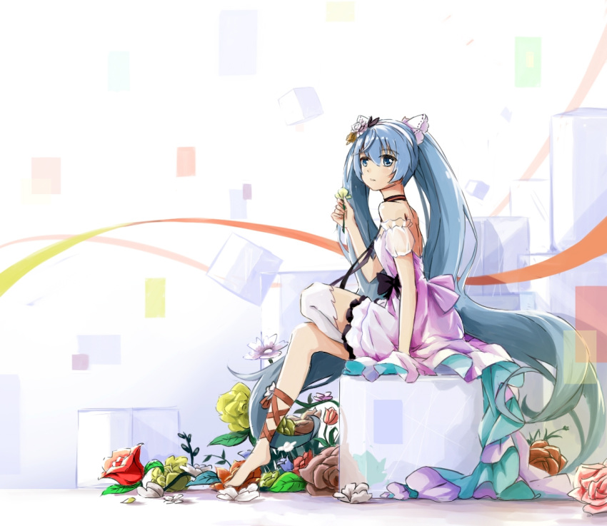 bare_back bare_shoulders blue_eyes blue_hair blush bow dress flower hair_between_eyes hair_flower hair_ornament hatsune_miku l-tao long_hair miku_with_you_(vocaloid) rose sitting twintails very_long_hair vocaloid