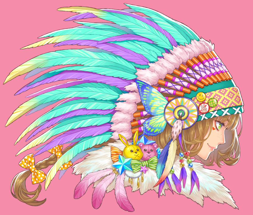 1girl bangs braid brooch brown_hair butterfly_wings feathers green_eyes headdress heart jewelry long_hair minami_(minami373916) native_american_headdress original pink_background profile simple_background smile smiley_face solo star_(symbol) v wings