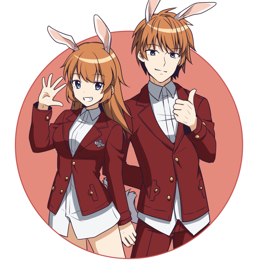 1boy 1girl absurdres animal_ears bangs blue_eyes breasts brown_background brown_hair charlotte_e_yeager closed_mouth collared_shirt dual_persona eyebrows_visible_through_hair genderswap genderswap_(ftm) grin hair_between_eyes hand_up highres ichiren_namiro long_hair long_sleeves looking_at_viewer medium_breasts no_pants pants rabbit_ears red_pants red_x shirt smile strike_witches thumbs_up two-tone_background white_background white_shirt world_witches_series