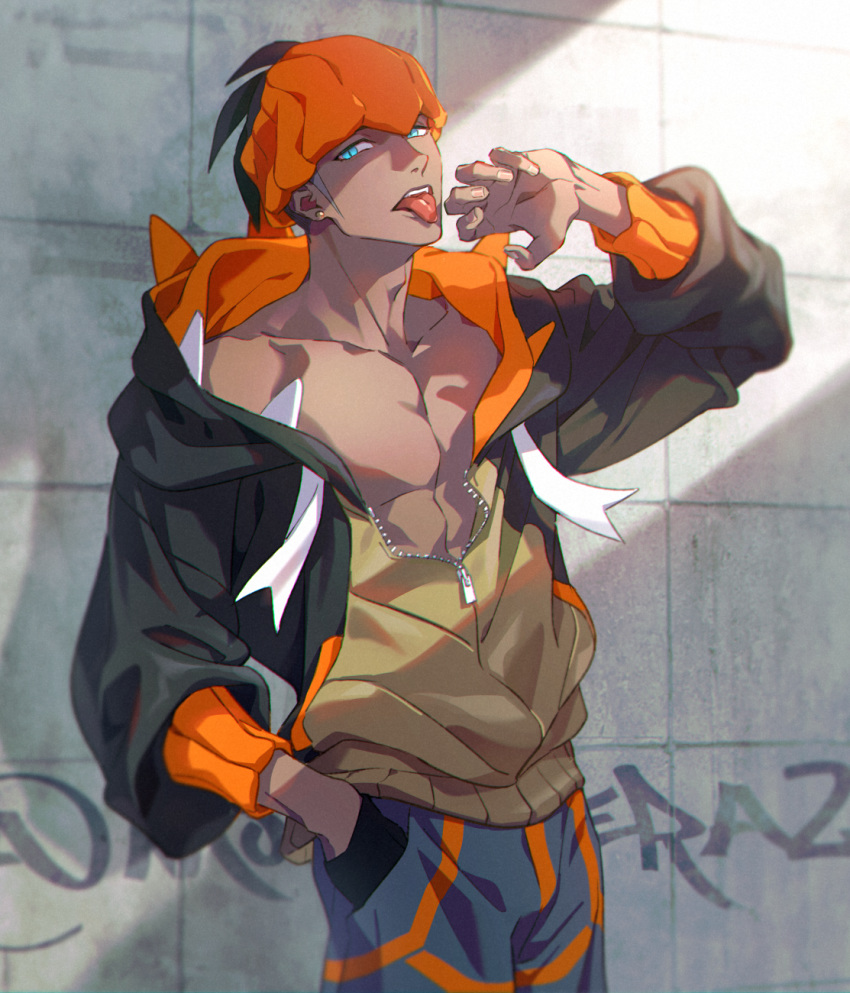 1boy adam's_apple aqua_eyes chest collarbone commentary_request earrings fingernails hand_in_pocket hand_up highres hood hoodie jewelry long_sleeves male_focus moge-hera open_clothes open_hoodie orange_headwear pokemon pokemon_(game) pokemon_swsh raihan_(pokemon) shorts solo teeth tile_wall tiles tongue tongue_out zipper zipper_pull_tab