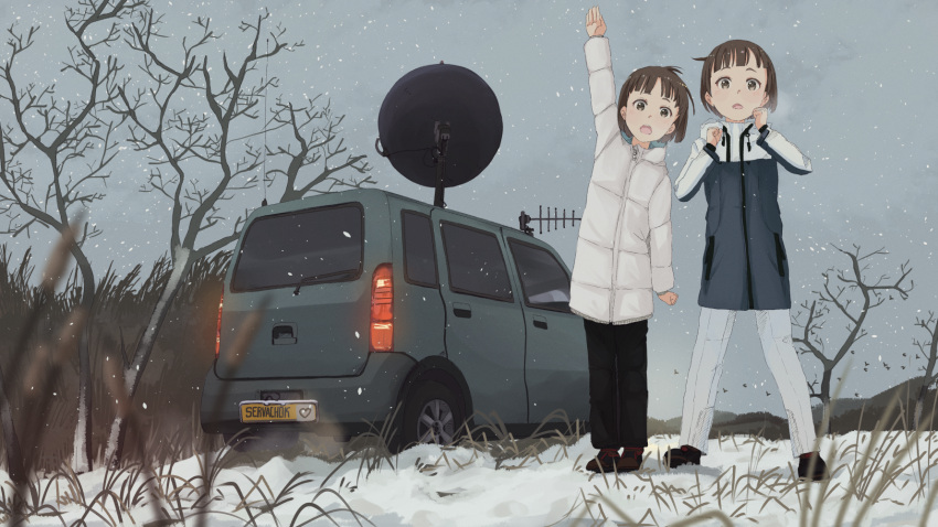 2girls antennae arm_up bare_tree brown_hair car clip_studio_paint_(medium) ground_vehicle highres jacket looking_at_viewer motor_vehicle multiple_girls open_mouth outdoors pants russian_commentary satellite_dish servachok short_hair snow standing tree winter