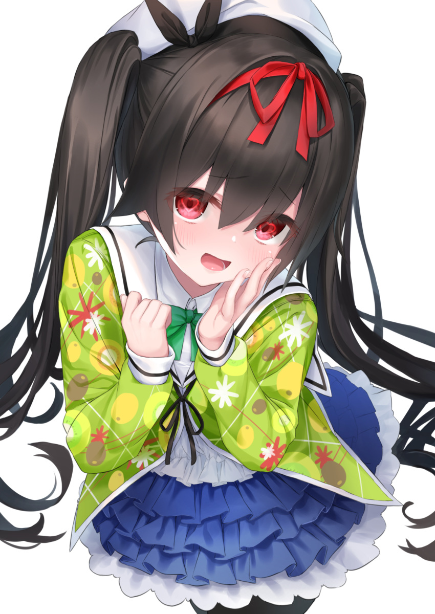 1girl :d bangs black_hair blue_skirt blush bow collared_shirt commentary_request eyebrows_visible_through_hair fingernails floral_print green_bow green_jacket hair_between_eyes hair_ribbon hands_up hashiko_nowoto heart heart-shaped_pupils highres jacket layered_skirt long_hair long_sleeves looking_at_viewer open_mouth original pleated_skirt print_jacket red_eyes red_ribbon ribbon shirt simple_background skirt sleeves_past_wrists smile solo symbol-shaped_pupils twintails very_long_hair white_background white_headwear white_shirt