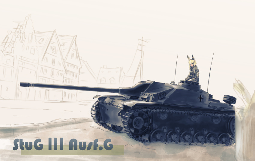 1girl animal_ears blonde_hair breasts caterpillar_tracks commentary_request fox_ears ground_vehicle highres house iron_cross military military_uniform military_vehicle motor_vehicle nito_(nshtntr) original short_hair sturmgeschutz_iii tank tank_destroyer uniform yellow_eyes