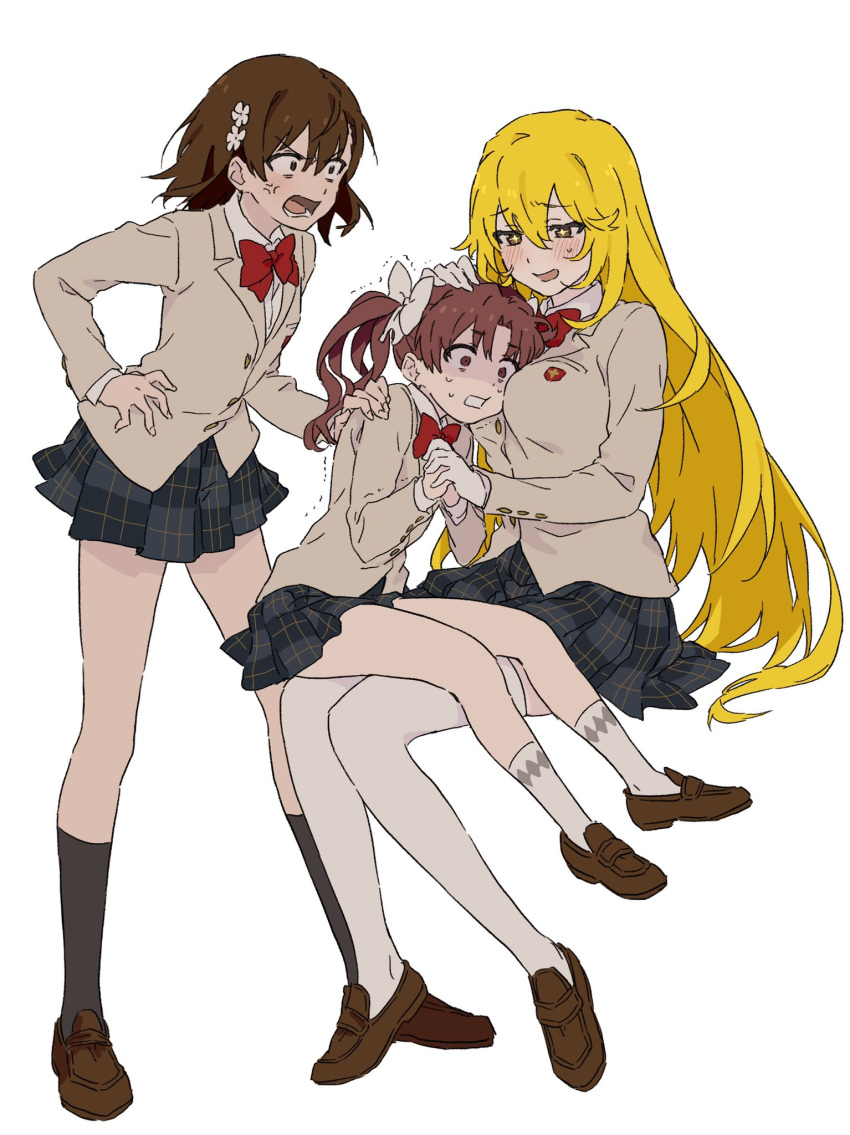 3girls anger_vein angry aroused bags_under_eyes bangs black_legwear blazer blonde_hair blush bow bowtie breast_pillow breast_press brown_footwear brown_hair eyebrows_visible_through_hair flower full_body gloves hair_bow hair_flower hair_ornament hand_on_another's_hand hand_on_another's_head hand_on_another's_shoulder hand_on_hip hands_clasped highres holding_hands invisible_chair invisible_floor jacket loafers long_hair long_sleeves looking_at_another lower_teeth miniskirt misaka_mikoto multiple_girls open_mouth own_hands_together parted_bangs petting plaid plaid_skirt pleated_skirt red_neckwear scared school_uniform shirai_kuroko shirt shoes shokuhou_misaki short_hair sidelocks simple_background sitting sitting_on_lap sitting_on_person skirt socks standing sweat teruya_(6w6y) thigh-highs to_aru_kagaku_no_railgun to_aru_majutsu_no_index tokiwadai_school_uniform trembling twintails white_background white_bow white_gloves white_legwear white_shirt wing_collar yellow_eyes yuri