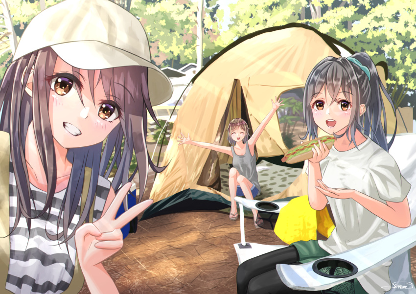 3girls arm_up arms_up artist_name backpack bag bare_arms baseball_cap black_legwear blue_shorts brown_hair camping camping_chair chair closed_eyes commentary_request day eyebrows_visible_through_hair feet_out_of_frame food forest green_shorts grey_shirt grin hair_ornament hair_scrunchie hat holding holding_food hot_dog leaning_to_the_side looking_at_viewer medium_hair multiple_girls nature open_mouth original outdoors pantyhose ponytail sandals scenery scrunchie sena_(illust_sena) shirt shorts sitting sleeveless sleeveless_shirt smile striped striped_shirt t-shirt tank_top tent towel upper_teeth v white_shirt yellow_towel