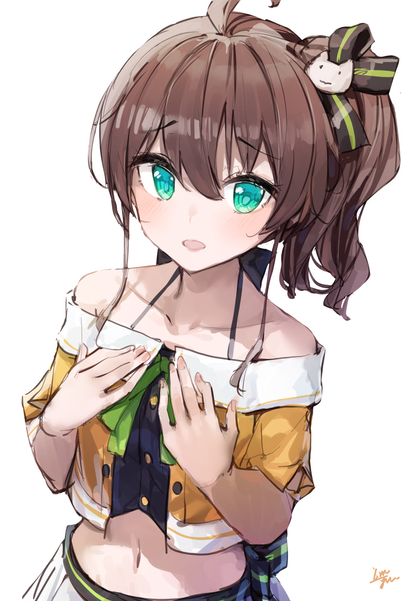 1girl absurdres ahoge bangs bare_shoulders black_camisole brown_hair camisole cat_hair_ornament collarbone commentary_request crop_top eyebrows_visible_through_hair green_eyes hair_between_eyes hair_ornament hands_up highres hololive jacket looking_at_viewer midriff natsuiro_matsuri navel off-shoulder_jacket one_side_up open_mouth orange_jacket pleated_skirt short_sleeves signature simple_background skirt solo takenoko_no_you white_background white_skirt