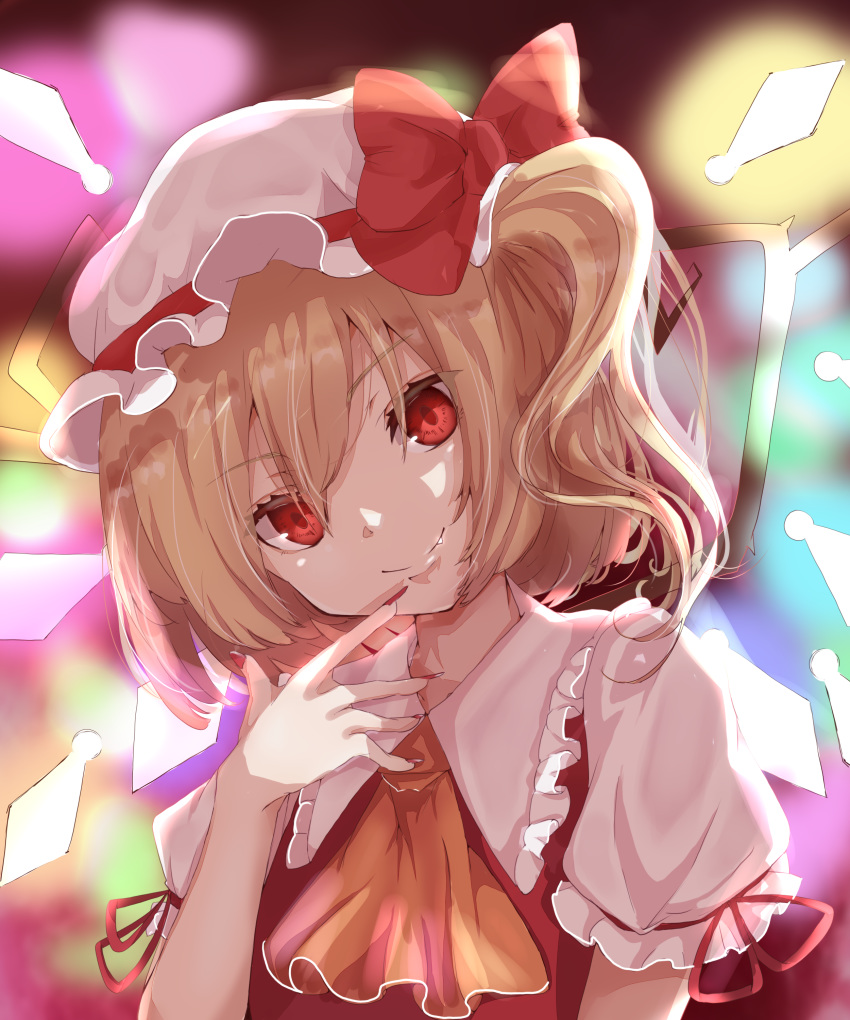 1girl absurdres ascot bangs blonde_hair blurry blurry_background bow closed_mouth commentary crystal eyebrows_visible_through_hair fang finger_to_mouth fingernails flandre_scarlet frilled_shirt_collar frills glowing gumi_(fwjn7284) hair_between_eyes hat hat_bow hat_ribbon head_tilt highres looking_at_viewer mob_cap multicolored multicolored_background puffy_short_sleeves puffy_sleeves red_eyes red_nails red_ribbon red_vest ribbon sharp_fingernails short_hair short_sleeves smile solo touhou upper_body vest wings yellow_neckwear