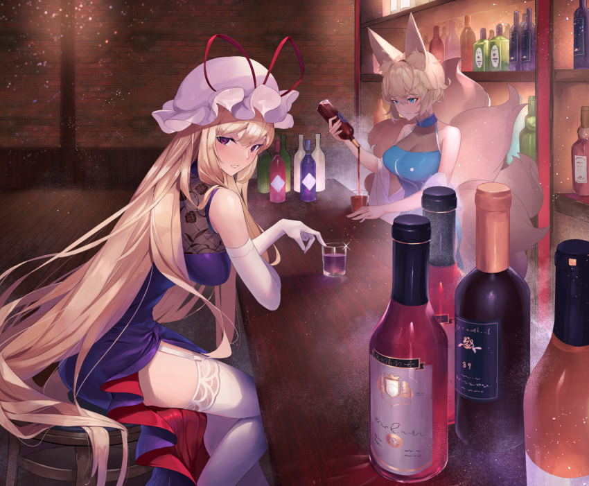 2girls amano_hagoromo animal_ear_fluff animal_ears bangs bar bare_shoulders blonde_hair blue_dress bottle breasts commentary_request cup dress drinking_glass feet_out_of_frame fox_ears garter_straps gloves hat hat_ribbon highres holding holding_bottle indoors long_hair looking_at_viewer medium_breasts mob_cap multiple_girls no_hat no_headwear parted_lips purple_dress red_ribbon ribbon thigh-highs thighs touhou very_long_hair violet_eyes white_gloves white_headwear white_legwear yakumo_ran yakumo_yukari