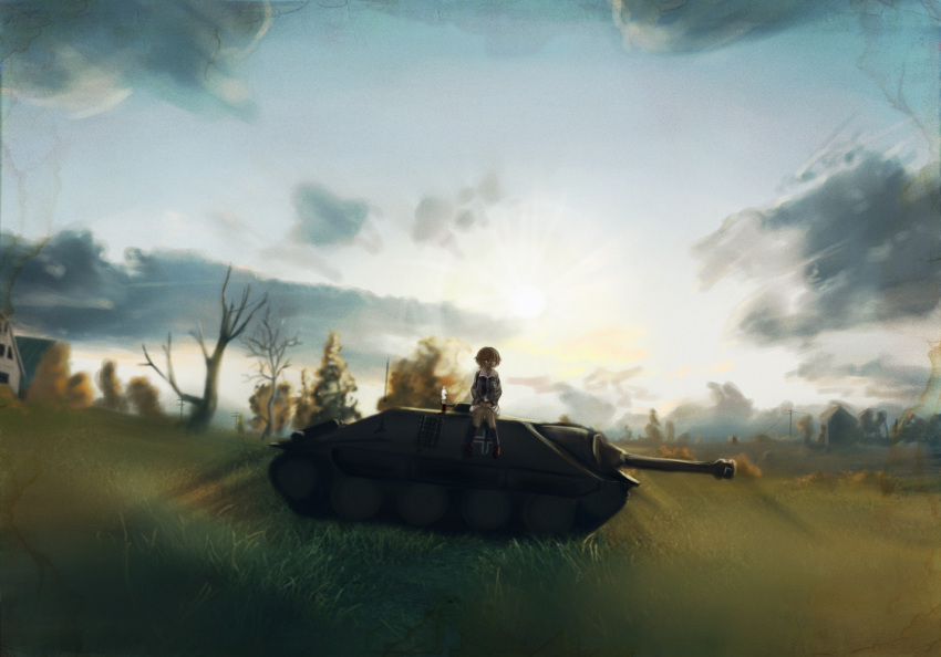 1girl akiyama_yukari breasts brown_eyes brown_hair caterpillar_tracks clouds commentary_request day girls_und_panzer grass ground_vehicle highres house iron_cross jagdpanzer_38(t) looking_to_the_side military military_vehicle motor_vehicle nito_(nshtntr) ooarai_military_uniform shirt short_hair skirt sky smile steam sunlight tank tank_destroyer tree utility_pole