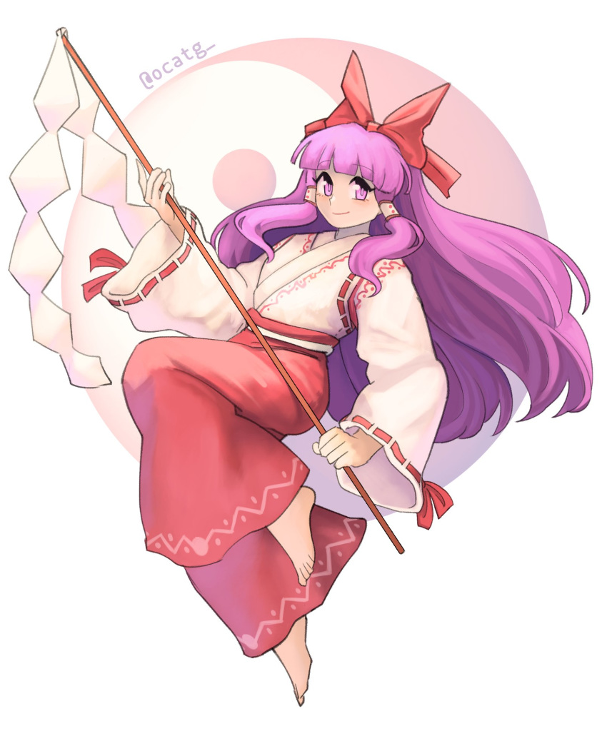 1girl artist_name barefoot english_commentary floating hair_tubes hakurei_reimu highres japanese_clothes long_hair looking_to_the_side miko ocatg purple_hair solo touhou touhou_(pc-98) violet_eyes yin_yang