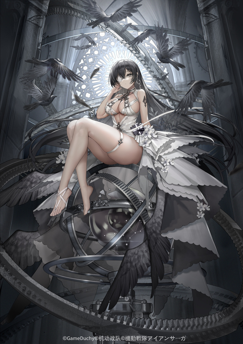 1girl animal armillary_sphere bare_shoulders barefoot bird black_bow black_dress black_eyes bow constellation cross dress earrings eyepatch feathers flock flower gears hand_up highres hoop_earrings indoors iron_saga jewelry long_hair looking_at_viewer official_art one_eye_covered revealing_clothes ribbon sitting sleeveless sleeveless_dress solo thigh_strap very_long_hair white_bow white_dress white_flower white_ribbon zjsstc
