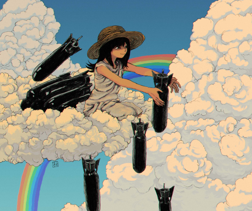 1girl bangs black_hair blue_sky bomb clouds cloudy_sky dress dropping hat highres kneeling long_hair original rainbow sky sleeveless sleeveless_dress smile solo ttanne white_dress