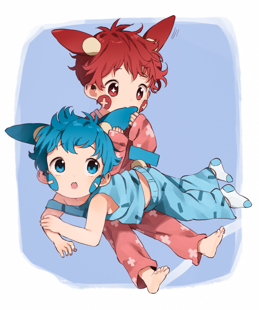 2boys :o animal_ears bangs bare_arms barefoot biting blue_eyes blue_hair blue_pants ear_biting extra_ears facial_mark full_body gen_3_pokemon highres long_sleeves lying lying_on_lap male_focus minun multiple_boys no_shoes off_shoulder on_lap on_stomach pajamas pants personification plusle pokemon red_eyes red_pants red_shirt redhead shirt sitting sleeves_past_wrists smile socks symbol-shaped_pupils tail tank_top thebrushking white_legwear