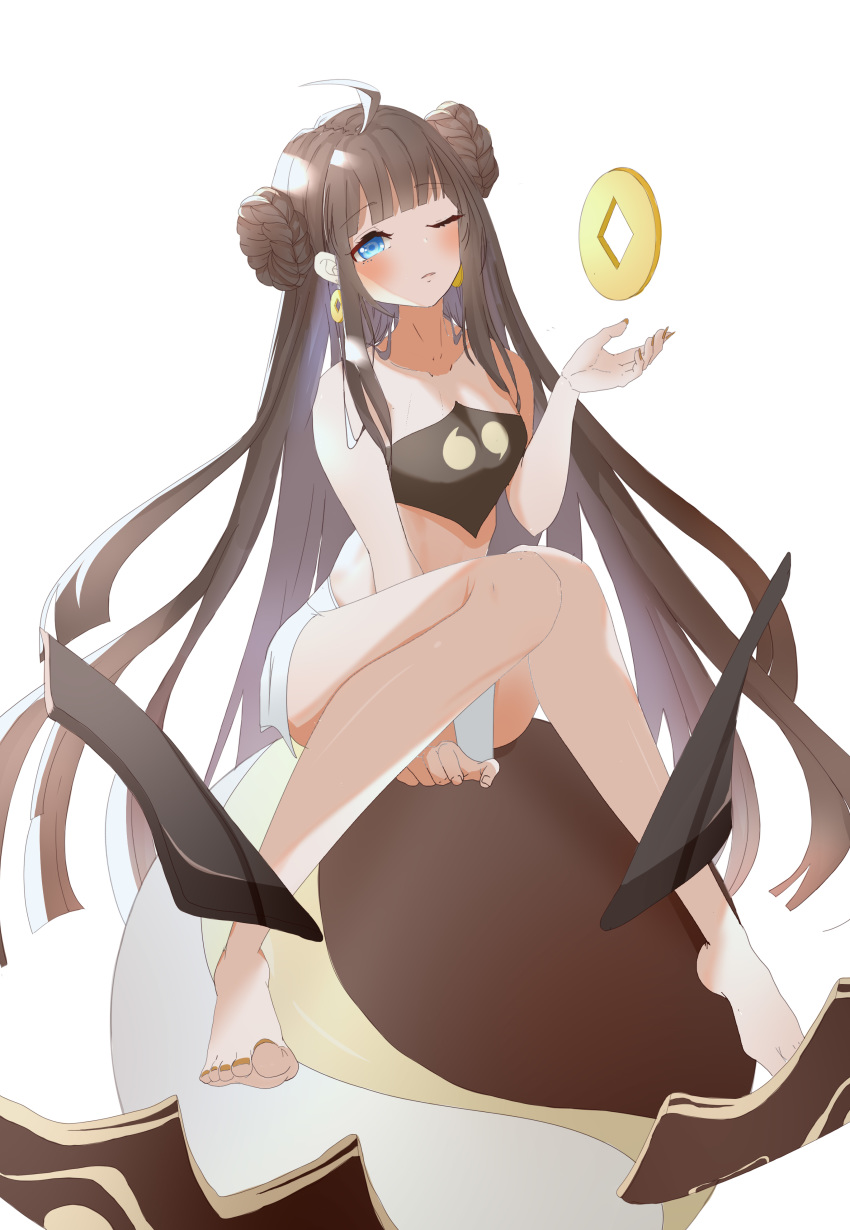 1girl 32103088 absurdres bare_legs bare_shoulders barefoot blue_eyes blush book_of_fuxi brown_hair crop_top double_bun earrings full_body fuxi highres honkai_(series) honkai_impact_3rd jewelry long_hair looking_at_viewer nail_polish one_eye_closed orange_nails sitting sphere strapless very_long_hair white_background
