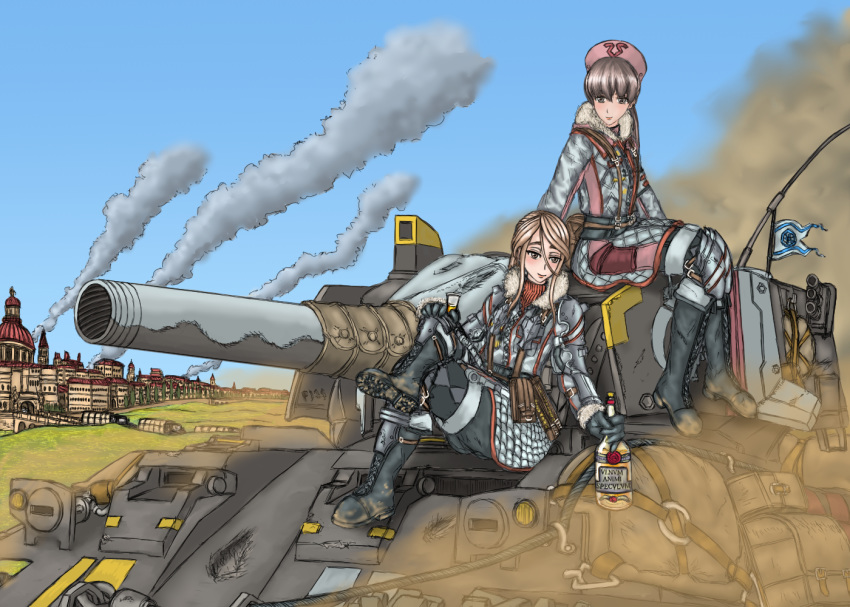 2girls blonde_hair breasts brown_eyes building character_request commentary_request glass_bottle ground_vehicle legionarius light_brown_eyes light_brown_hair military military_uniform military_vehicle motor_vehicle multiple_girls senjou_no_valkyria senjou_no_valkyria_4 short_hair smoke tank town truck uniform