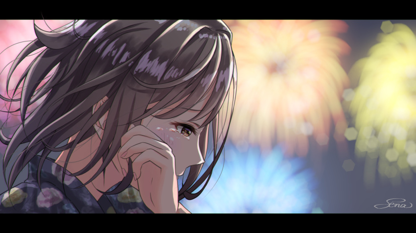 1girl aerial_fireworks artist_name blurry blurry_background brown_eyes brown_hair commentary_request fireworks floral_print from_side hand_on_own_face highres japanese_clothes kimono letterboxed looking_down messy_hair night original outdoors profile sena_(illust_sena) shiny shiny_hair short_hair solo summer tears upper_body wiping_tears yukata