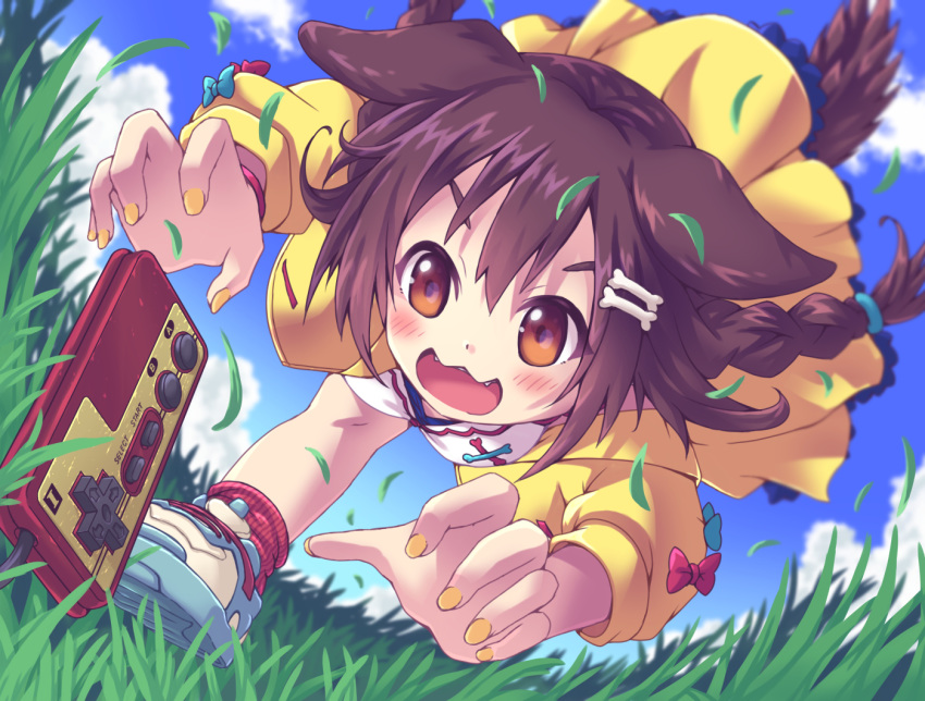 1girl :3 aki_(akisora_hiyori) animal_ears bangs blue_sky blush bone_hair_ornament braid brown_eyes brown_hair cartoon_bone claw_pose controller dog_ears dog_girl dog_tail dress famicom_gamepad fangs fingernails game_controller grass hair_between_eyes hair_ornament hairclip hololive inugami_korone jacket long_hair loose_socks low_twin_braids low_twintails nail_polish open_mouth pouncing red_legwear running shoes sky smile sneakers socks solo tail twin_braids twintails virtual_youtuber white_dress wristband yellow_jacket