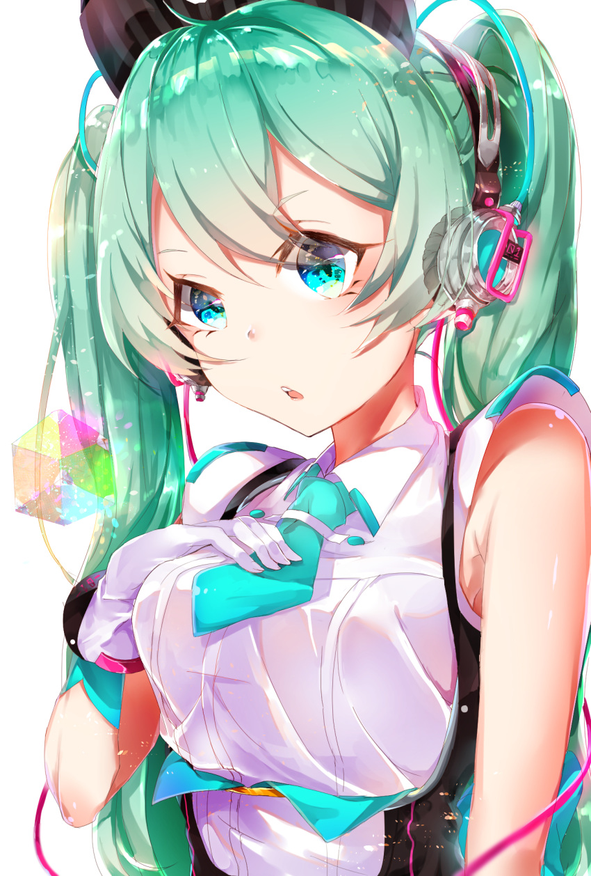 1girl :o aqua_eyes aqua_hair bare_shoulders black_bow bob_628 bow breasts cable commentary gloves hair_bow hand_on_own_chest hatsune_miku headphones highres long_hair magical_mirai_(vocaloid) makuhari-chan medium_breasts necktie open_mouth shirt short_necktie sleeveless sleeveless_shirt solo twintails upper_body very_long_hair vocaloid white_background white_gloves white_shirt