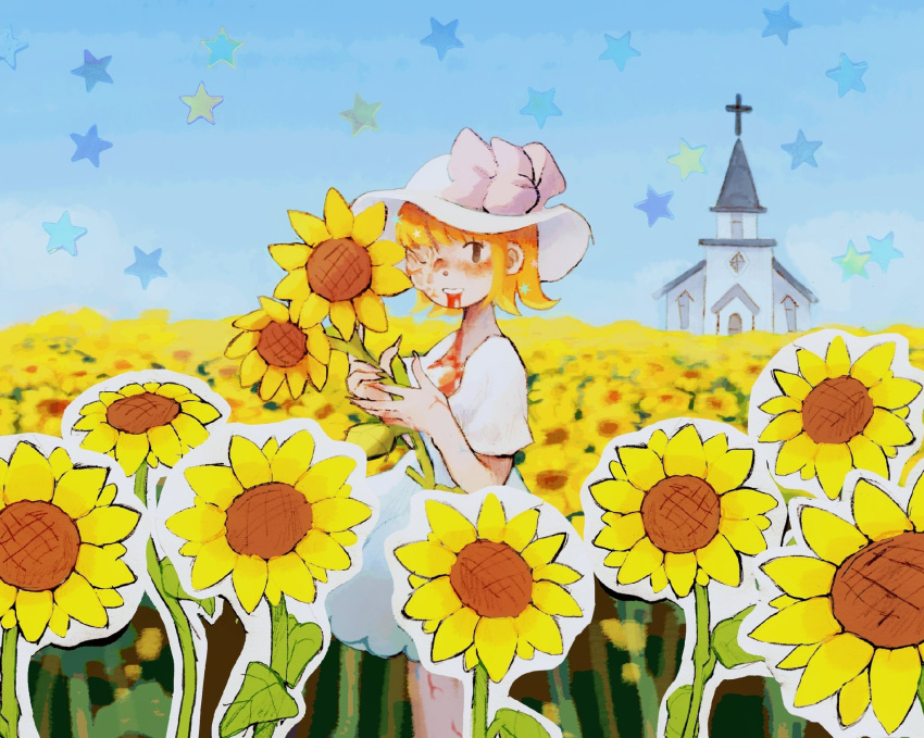 1girl blonde_hair blood blood_from_mouth bloody_clothes blush brown_eyes church claws cross dizzychelsy dress field flower flower_field grin highres holding holding_flower original puffy_short_sleeves puffy_sleeves short_hair short_sleeves smile standing star_(symbol) sunflower veins white_dress