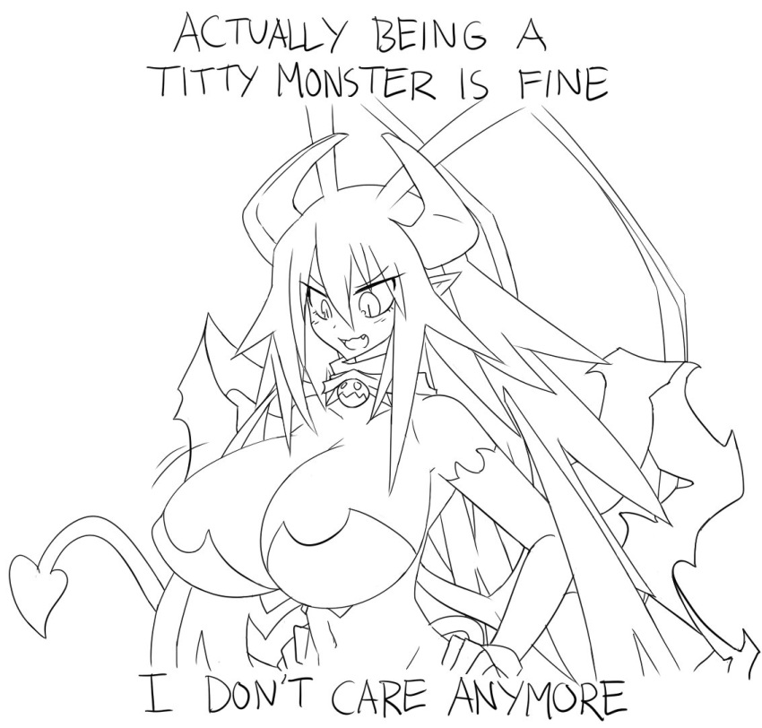 1girl being_bread_is_fine bouncing_breasts breasts cosplay covered_nipples demon_girl demon_horns demon_tail disgaea disgaea_d2 english_commentary english_text fang genderswap genderswap_(mtf) greyscale horns laharl laharl-chan large_breasts matsu-sensei meme monochrome open_mouth pointy_ears smile succubus_(disgaea) succubus_(disgaea)_(cosplay) tail