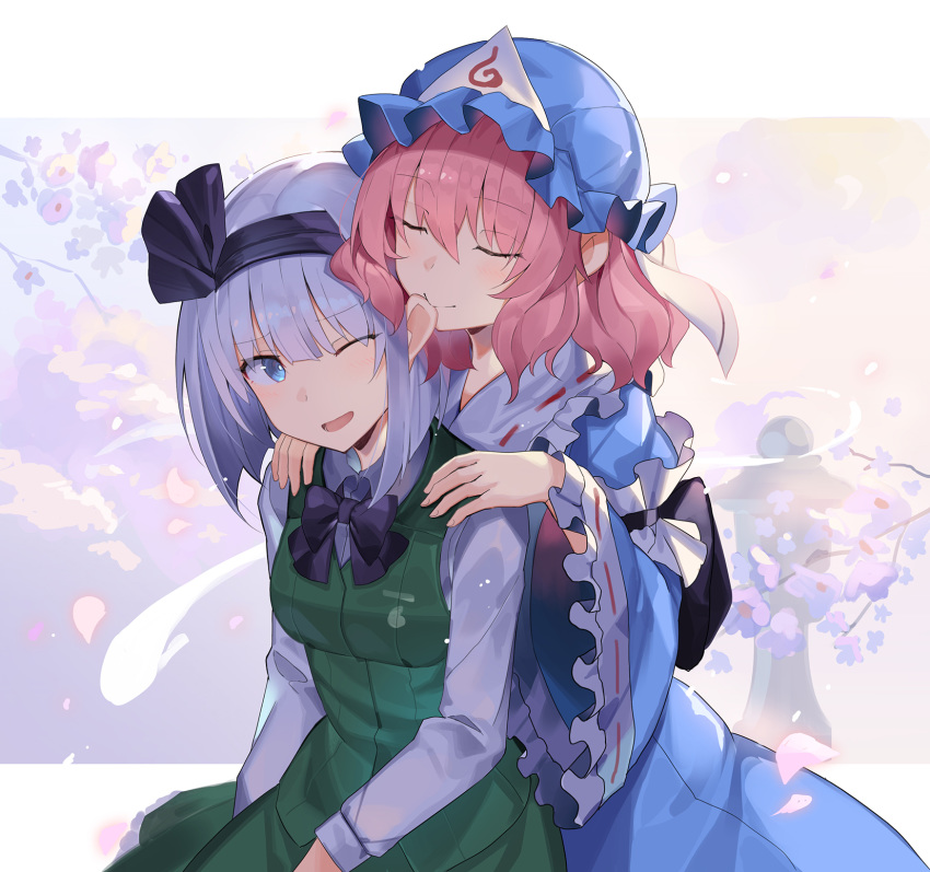 2girls ;d bangs biting black_bow black_hairband black_ribbon blue_eyes blue_kimono blunt_bangs bob_cut bow bowtie cherry_blossoms collared_shirt commentary_request ear_biting frilled_kimono frills green_vest hair_ribbon hairband hands_on_another's_shoulders hat highres hitodama japanese_clothes kimono konpaku_youmu long_sleeves mob_cap multiple_girls obi one_eye_closed open_mouth pink_eyes pink_hair ribbon rin_falcon saigyouji_yuyuko sash shirt short_hair silver_hair skirt skirt_set smile stone_lantern touhou triangular_headpiece vest wavy_hair white_shirt wide_sleeves yuri