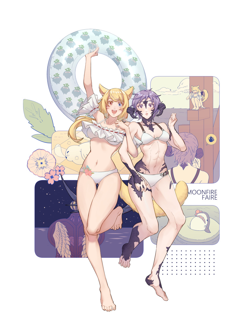 2girls absurdres animal_ears au_ra aura_(wild_arms) bikini blonde_hair blue_eyes breasts final_fantasy final_fantasy_xiv flower highres innertube kuroha_shinmi large_breasts long_hair miqo'te multiple_girls navel open_mouth short_hair smile swimsuit tail yuri