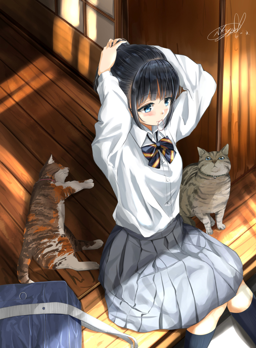 1girl bag black_hair blue_eyes blush breasts cat hair_tie hands_on_head highres kneehighs medium_breasts original ponytail school_bag school_uniform shirt sidelocks sitting skirt solo soragane_(banisinngurei) tying_hair