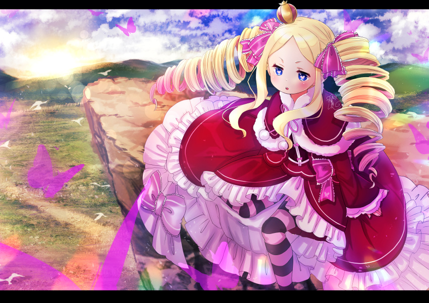 1girl absurdres beatrice_(re:zero) blonde_hair blue_eyes blush bow capelet cliff clouds dress dress_bow drill_hair frills hair_bow highres huge_filesize lens_flare long_hair long_sleeves outdoors pantyhose pink_bow pink_butterfly pink_pupils re:zero_kara_hajimeru_isekai_seikatsu red_capelet red_dress shimotsukishin sidelocks sitting solo striped striped_legwear sunlight symbol-shaped_pupils twin_drills wide_sleeves