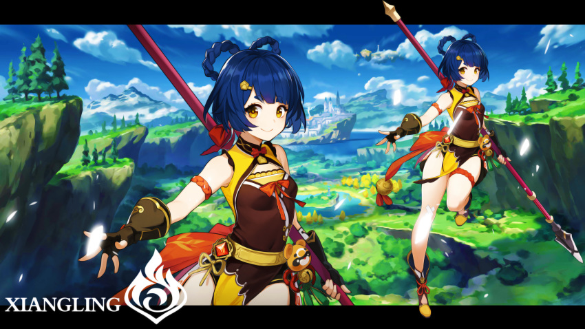 1girl absurdres bare_shoulders blue_hair breasts character_name day eyebrows_visible_through_hair fingerless_gloves genshin_impact gloves highres holding holding_spear holding_weapon huge_filesize looking_at_viewer multiple_views outdoors photoshop_(medium) polearm shoes short_hair sky sleeveless small_breasts smile spear tree user_mrys2223 weapon xiangling_(genshin_impact) yellow_eyes