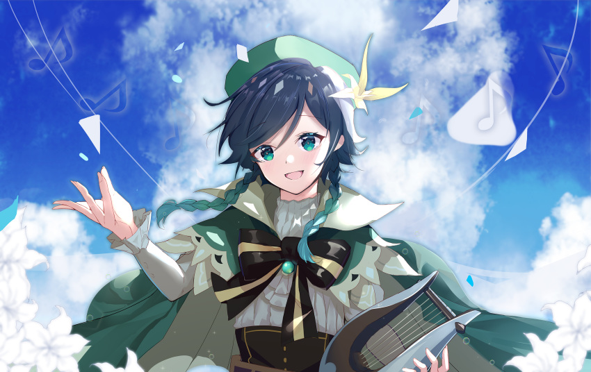 1boy :d bangs bard beret black_bow black_hair blue_hair blue_sky blush bow braid cape chinese_commentary clouds commentary_request day eyebrows_visible_through_hair flower frilled_sleeves frills genshin_impact gradient_hair green_cape green_eyes green_headwear hair_between_eyes hair_flower hair_ornament harp hat hat_feather highres holding holding_instrument instrument long_sleeves looking_at_viewer male_focus medium_hair multicolored_hair music musical_note open_mouth outdoors playing_instrument shirt sidelocks sky smile solo standing twin_braids upper_body venti_(genshin_impact) white_shirt zhongwu_chahui
